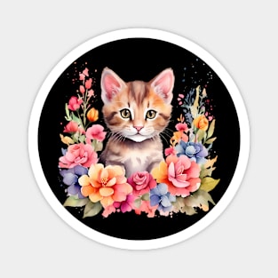 A cat decorated with beautiful watercolor flowers Magnet